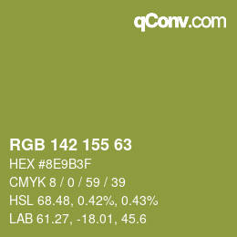 Color code: RGB 142 155 63 | qconv.com