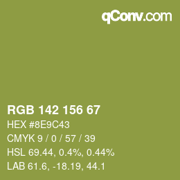 Color code: RGB 142 156 67 | qconv.com