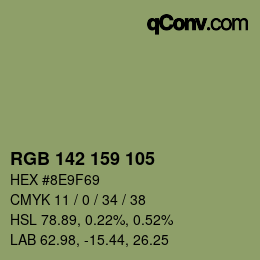 Color code: RGB 142 159 105 | qconv.com