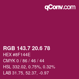 カラーコード: RGB 143.7 20.6 78 | qconv.com