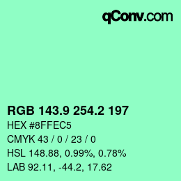 カラーコード: RGB 143.9 254.2 197 | qconv.com