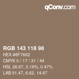 Color code: RGB 143 118 98 | qconv.com