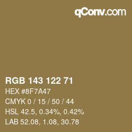 Color code: RGB 143 122 71 | qconv.com