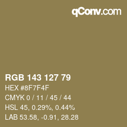 Color code: RGB 143 127 79 | qconv.com