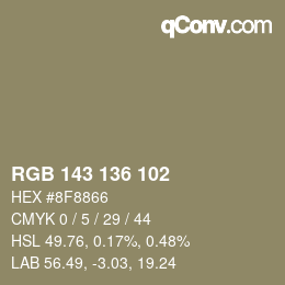 Color code: RGB 143 136 102 | qconv.com