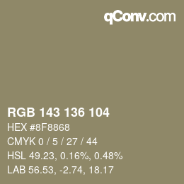 Color code: RGB 143 136 104 | qconv.com