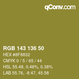 Color code: RGB 143 136 50 | qconv.com