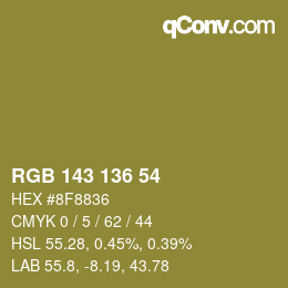 Color code: RGB 143 136 54 | qconv.com