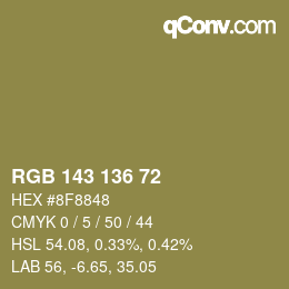 Color code: RGB 143 136 72 | qconv.com