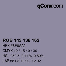 Color code: RGB 143 138 162 | qconv.com