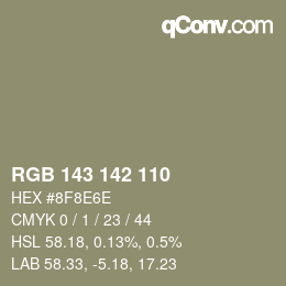 Color code: RGB 143 142 110 | qconv.com