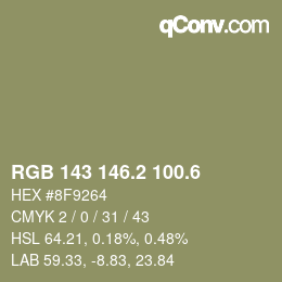 カラーコード: RGB 143 146.2 100.6 | qconv.com