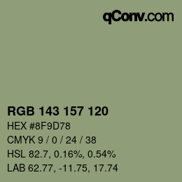 Color code: RGB 143 157 120 | qconv.com