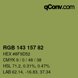 Color code: RGB 143 157 82 | qconv.com