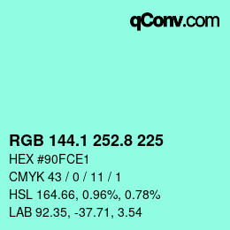 Color code: RGB 144.1 252.8 225 | qconv.com