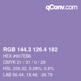 カラーコード: RGB 144.3 126.4 182 | qconv.com