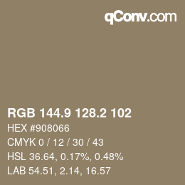 Color code: RGB 144.9 128.2 102 | qconv.com