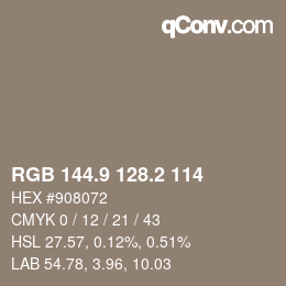 Color code: RGB 144.9 128.2 114 | qconv.com