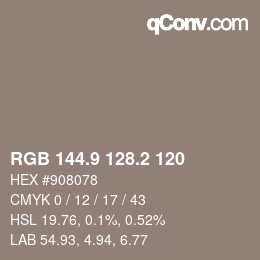カラーコード: RGB 144.9 128.2 120 | qconv.com