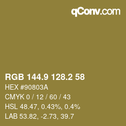 Color code: RGB 144.9 128.2 58 | qconv.com