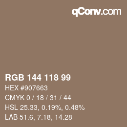 Color code: RGB 144 118 99 | qconv.com