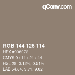 Color code: RGB 144 128 114 | qconv.com