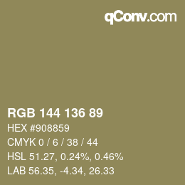 Color code: RGB 144 136 89 | qconv.com