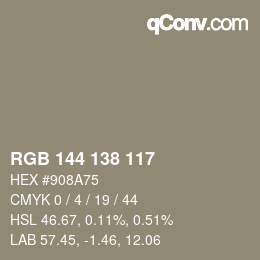 Color code: RGB 144 138 117 | qconv.com