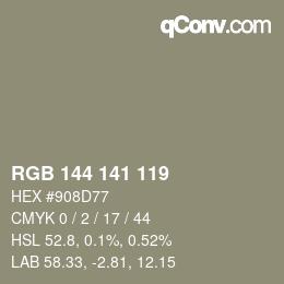 Color code: RGB 144 141 119 | qconv.com