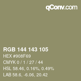 Color code: RGB 144 143 105 | qconv.com