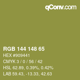 Color code: RGB 144 148 65 | qconv.com