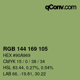 Color code: RGB 144 169 105 | qconv.com