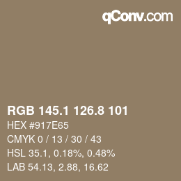 Color code: RGB 145.1 126.8 101 | qconv.com