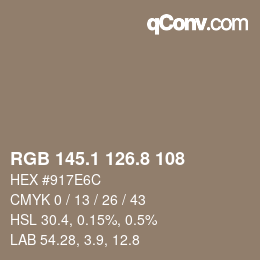 Color code: RGB 145.1 126.8 108 | qconv.com