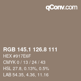 Color code: RGB 145.1 126.8 111 | qconv.com