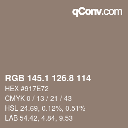 Color code: RGB 145.1 126.8 114 | qconv.com