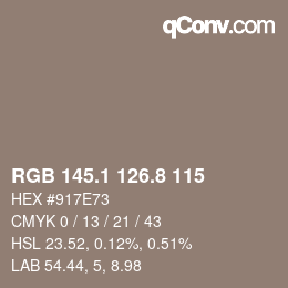 Color code: RGB 145.1 126.8 115 | qconv.com