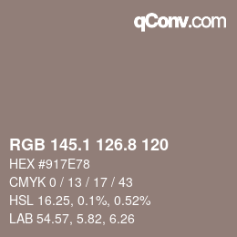 Farbcode: RGB 145.1 126.8 120 | qconv.com