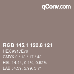 Color code: RGB 145.1 126.8 121 | qconv.com