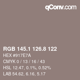Color code: RGB 145.1 126.8 122 | qconv.com