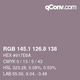 Color code: RGB 145.1 126.8 138 | qconv.com