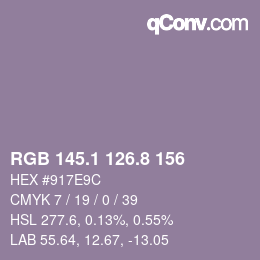 カラーコード: RGB 145.1 126.8 156 | qconv.com