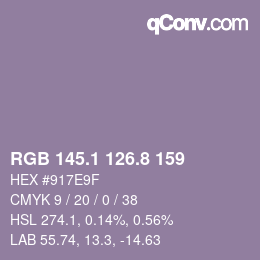 Color code: RGB 145.1 126.8 159 | qconv.com
