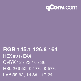 Color code: RGB 145.1 126.8 164 | qconv.com