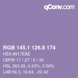 カラーコード: RGB 145.1 126.8 174 | qconv.com