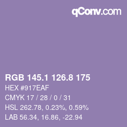 カラーコード: RGB 145.1 126.8 175 | qconv.com