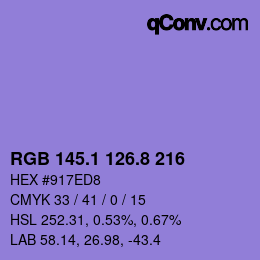 カラーコード: RGB 145.1 126.8 216 | qconv.com