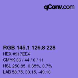 カラーコード: RGB 145.1 126.8 228 | qconv.com