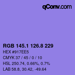 カラーコード: RGB 145.1 126.8 229 | qconv.com