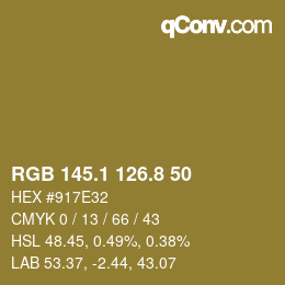 Color code: RGB 145.1 126.8 50 | qconv.com